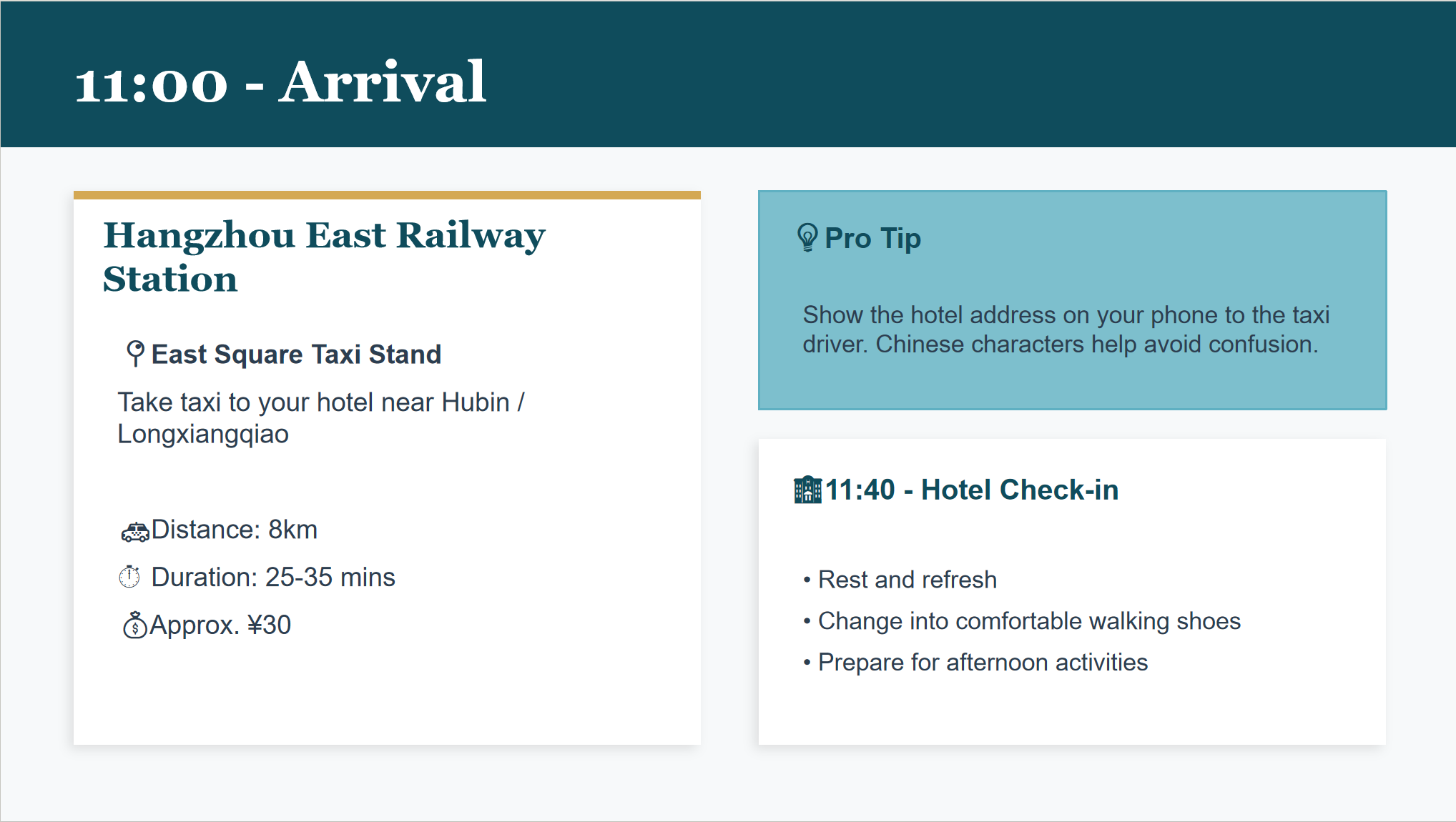 Arrival & hotel check-in details slide
