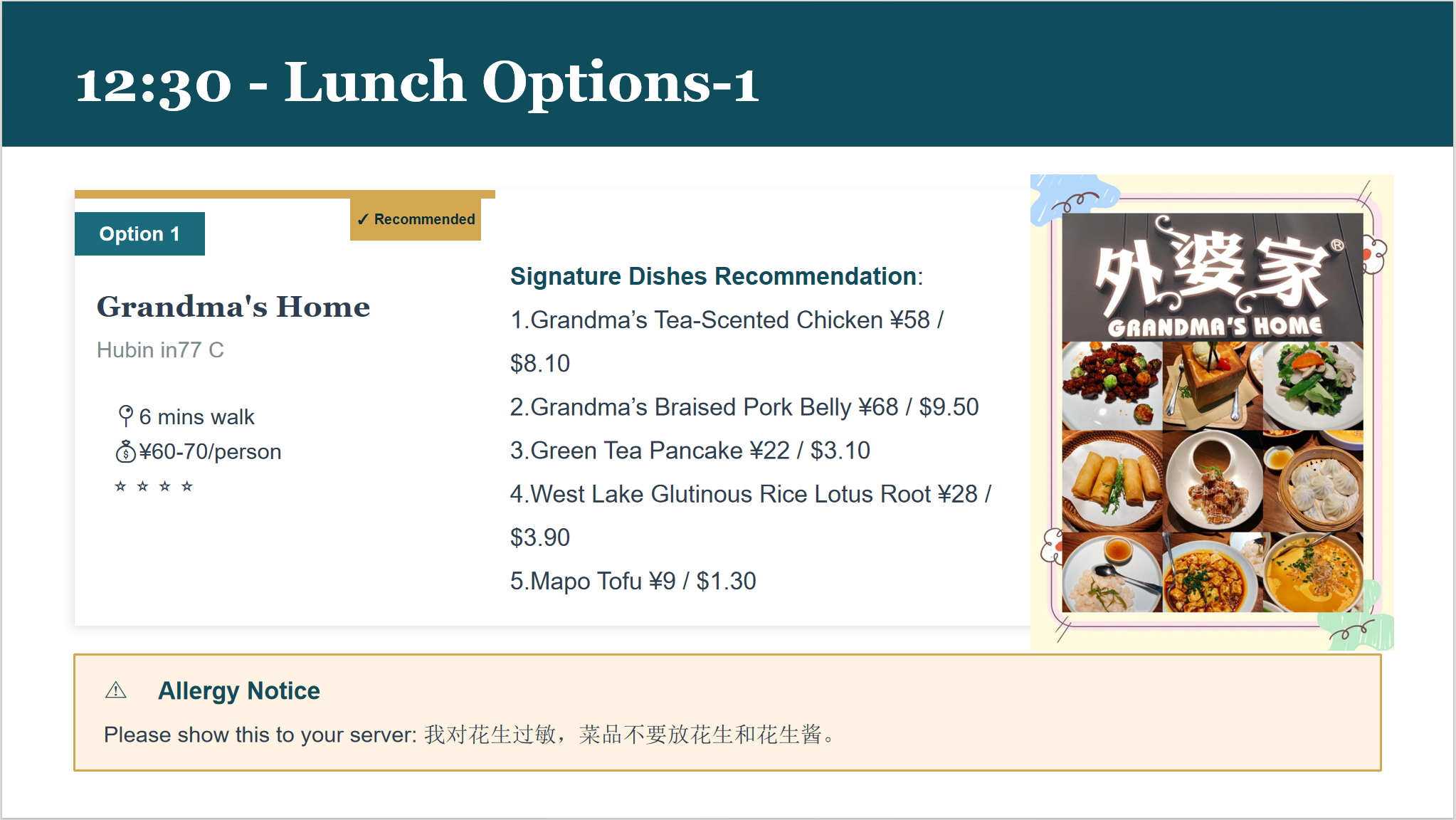 Restaurant recommendation with dishes & prices slide